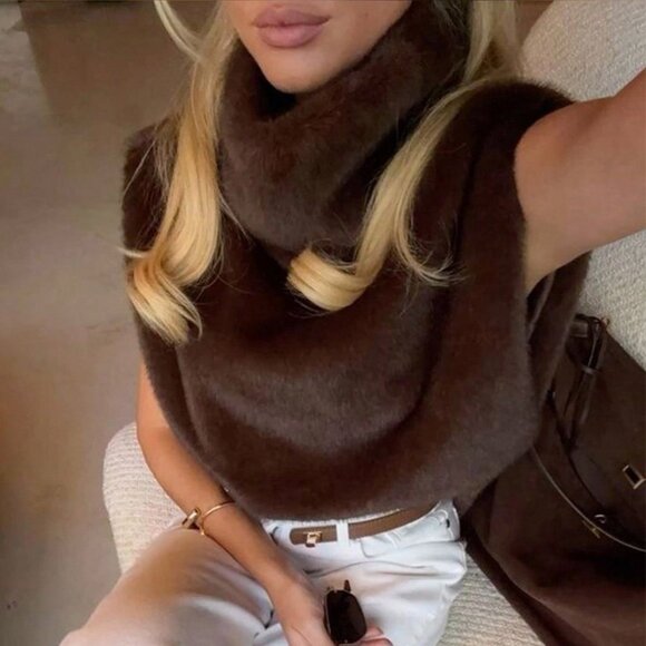Brown Preppy Women's Faux Fur Turtleneck Cropped Vest Top - Picture 1 of 8